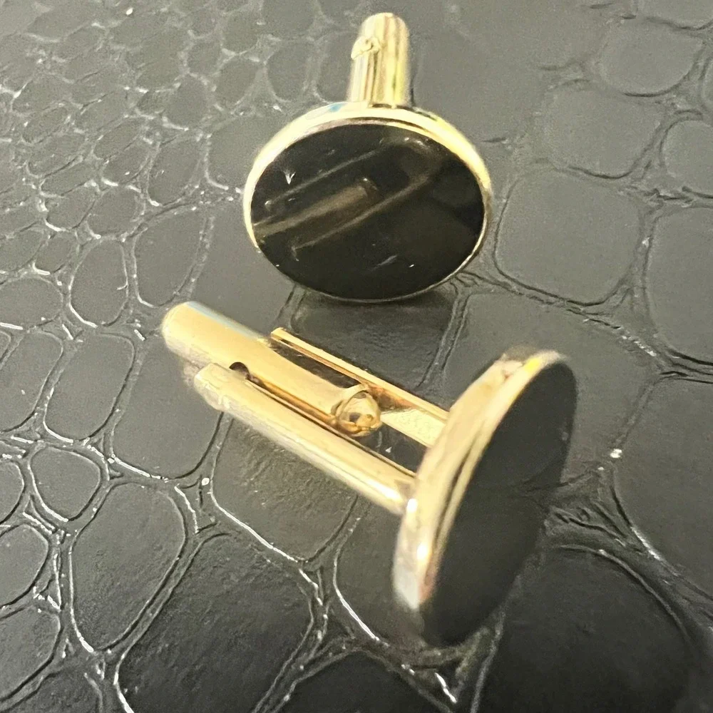 Vintage Gold Tone Tuxedo Black Enamel Cufflinks & Shirt Studs Set 6pc‎ Classic